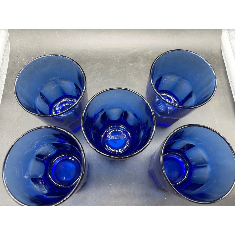 Crisa Cobalt Blue Glass Tumblers Set of 5 Paneled Drinking Glasses 6oz